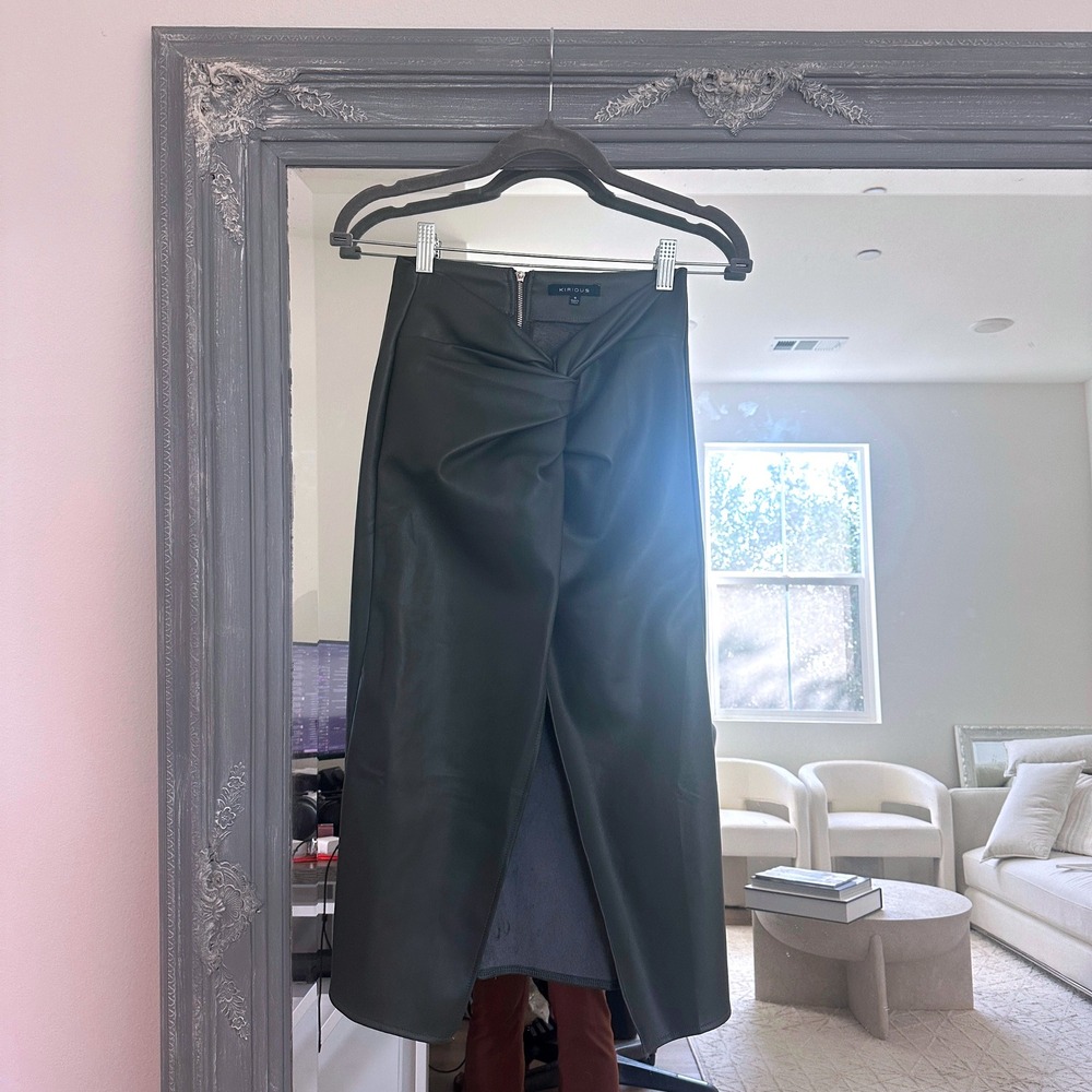 Kirious Olive Green‎ Vegan Leather Midi Skirt Knot Front Back Slit Size Small